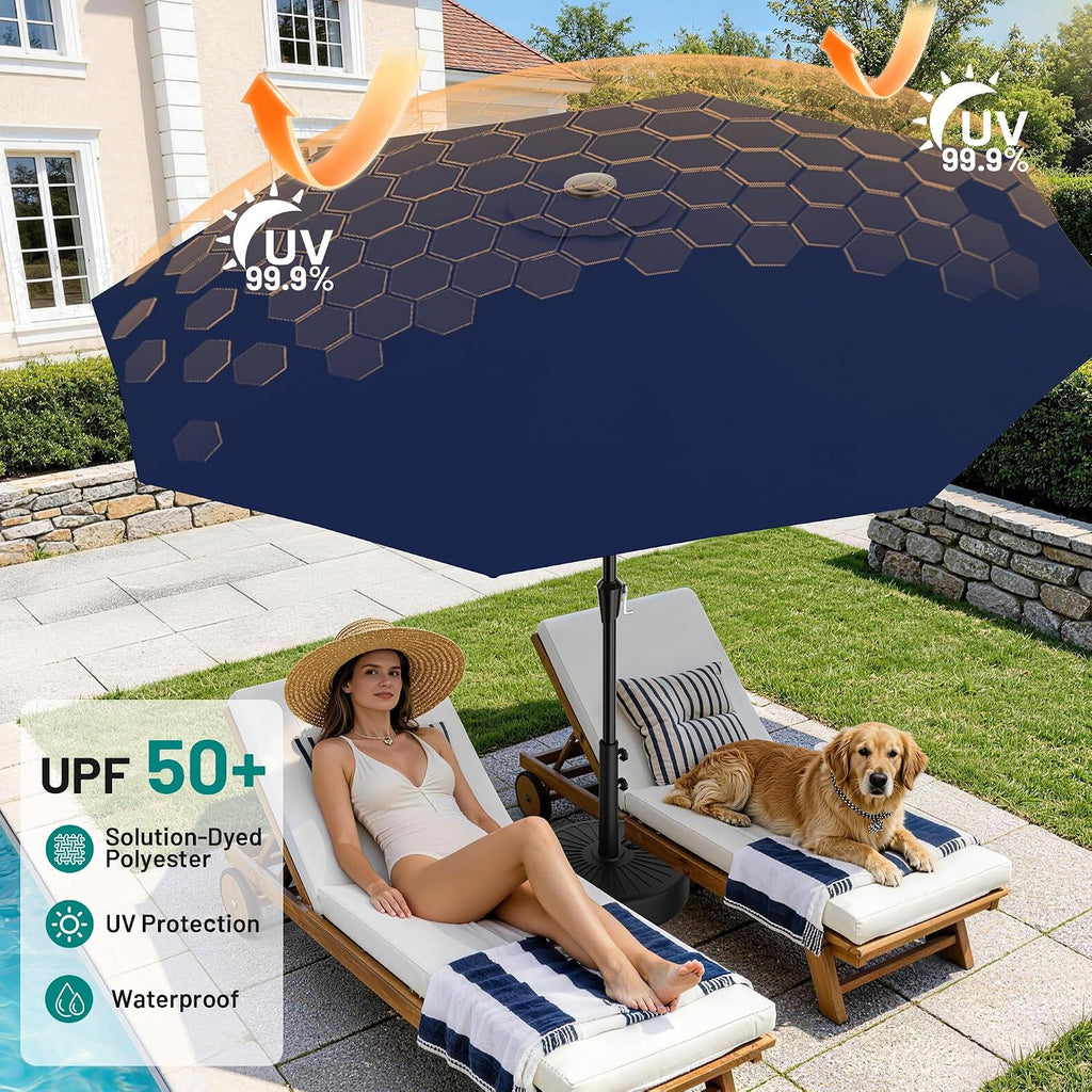 9 FT Patio Umbrella Umbrella with Push Button Tilt and Crank, Outdoor Patio Umbrellas with 8 Sturdy Ribs Pool (Navy)