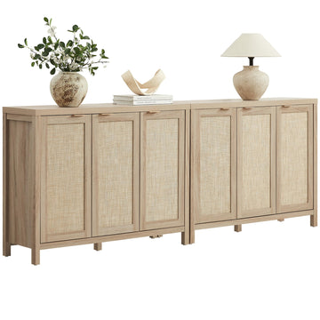Rattan Buffet Cabinet with Storage 87" Sideboard Cabinet with 6 Doors & Adjustable Shelves Wood Sideboard Credenza