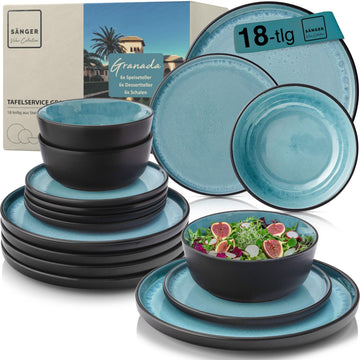 Granada Stoneware Crockery Set, 18 Pieces, Plate Set for 6 People, 6 x Dinner Plates, 6 x Cereal Bowls, 6 x Dessert