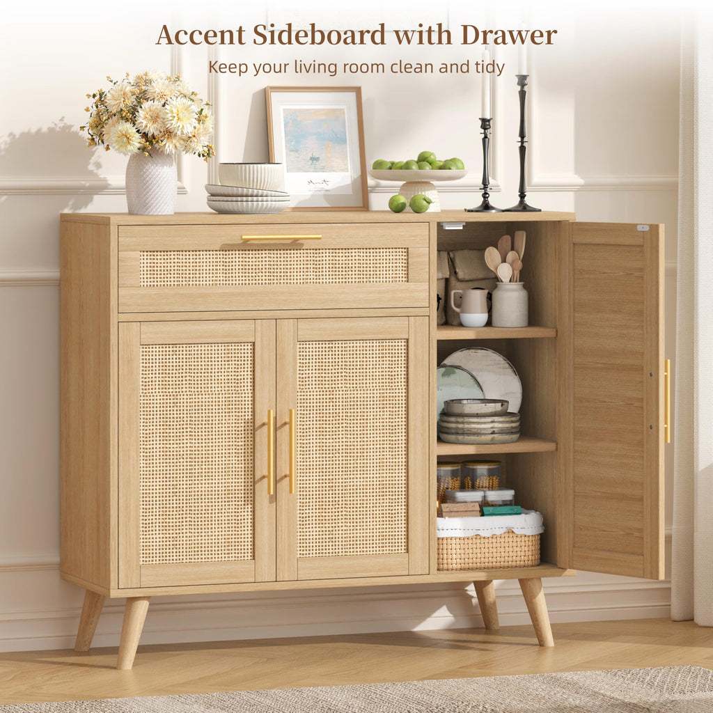 Kitchen Buffet Cabinet with 3 Doors, Rattan Storage Cabinet