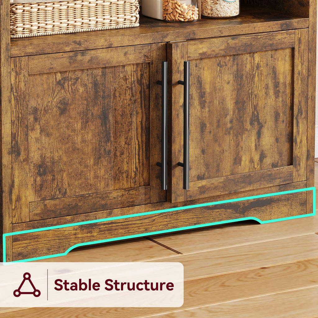 Bakers Rack With Storage Cabinet, Microwave Stand With Power Outlets, Farmhouse Bakers Rack With Thick Table Top