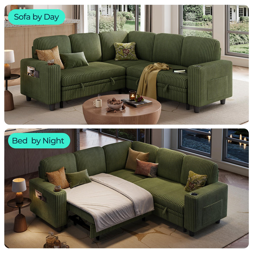 Pull Out Sofa Bed Sectional Sleeper Sofa with Storage, Plush Corduroy Pullout Modular Sectional Couches, L Shaped