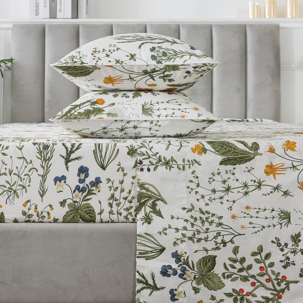 100% Egyptian Cotton Sheets Queen Botanical Printed Floral Sheets Yellow Flowers & Leaves Pattern Farmhouse Bedding