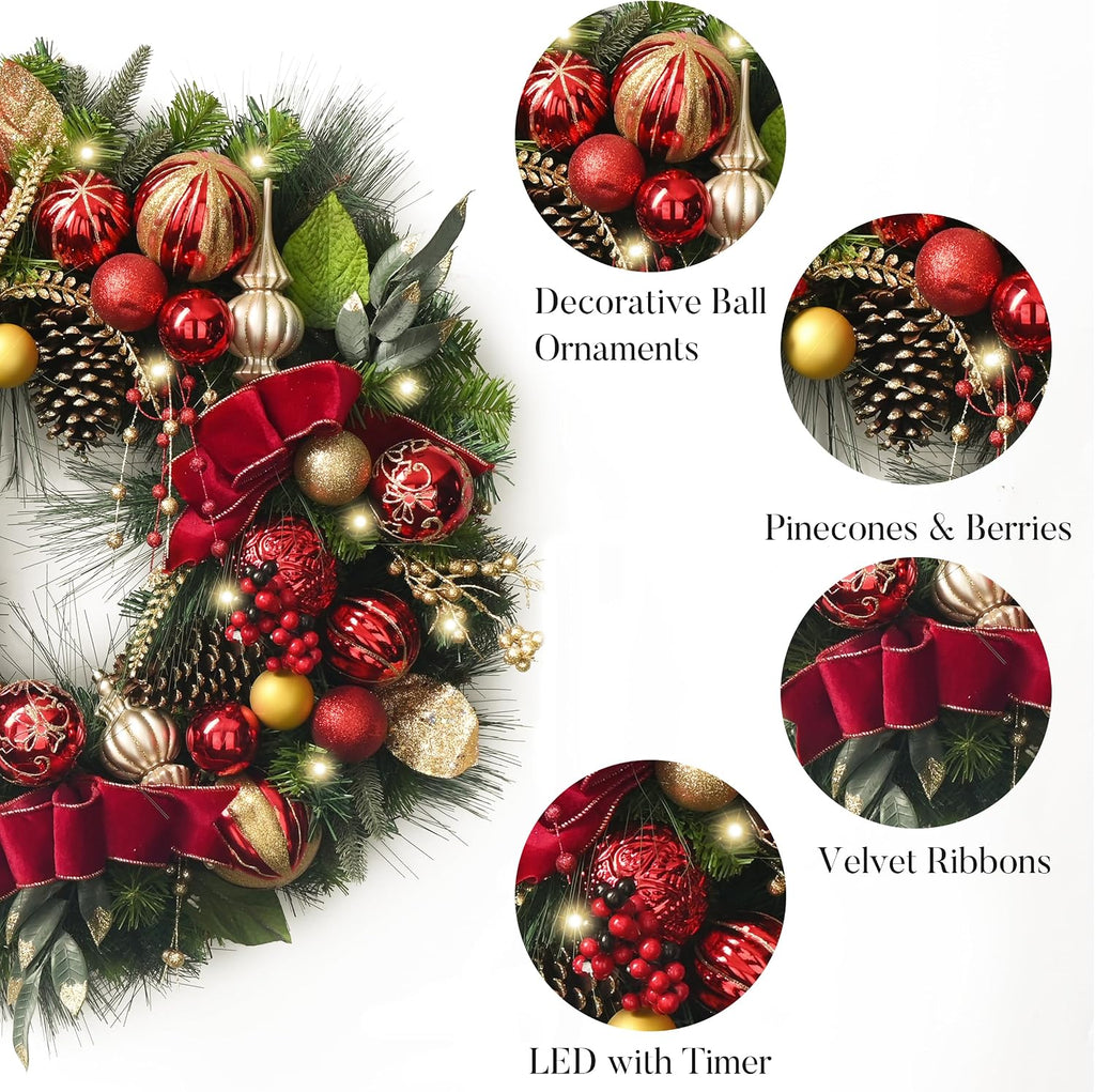30'' Pre-Lit Christmas Wreath for Front Door with Light, Large Lighted Outdoor Christmas Wreath with Red Gold Xmas