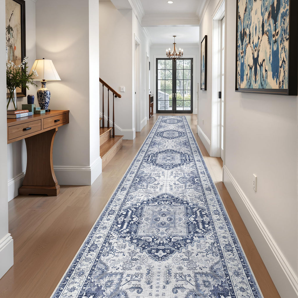 Washable 2.6x16 Runner Rug, Non Slip Long Hallway Runner Navy/Blue