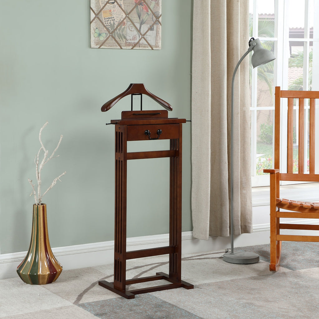 Mission Wardrobe Wood Valet Stand with Drawer, Contour Hanger, Trouser Bar, Tie & Belt Hooks and Shoe Rack
