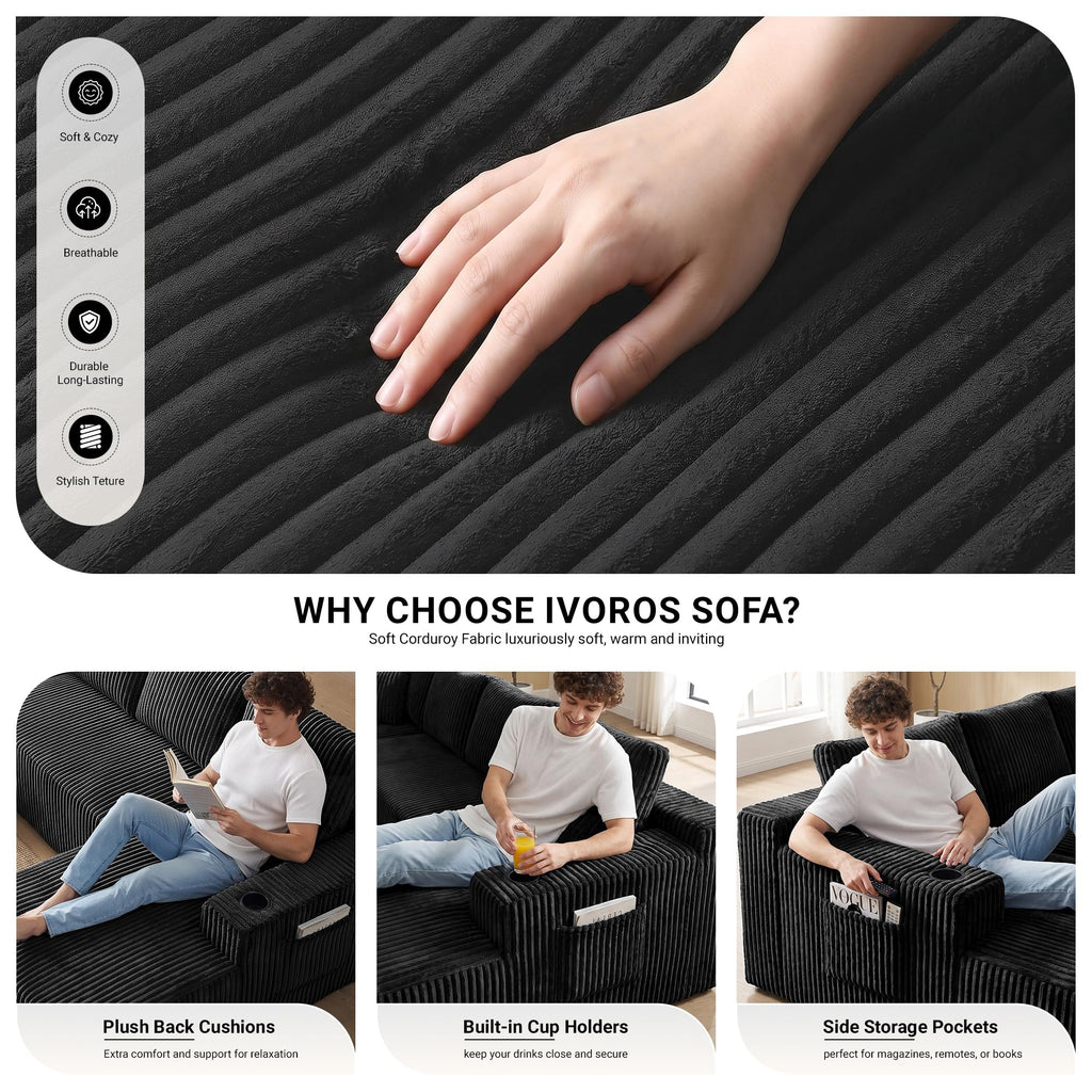 124" Cloud Boneless Couch, Oversized Sectional Couches, Modern Modular Couch with Cup Holders, Black Comfy Corduroy U