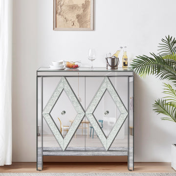 Mirrored Cabinet Sideboard Buffet Table with Crystal Design Handle, Accent Storage Cabinet with 2 Doors, Silver