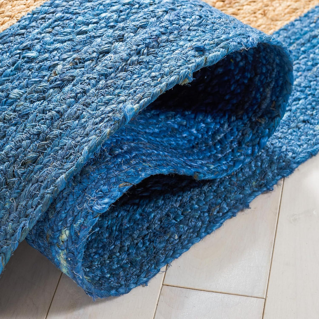 Natural Fiber Collection Area Rug - 6' Square, Natural & Blue, Handmade Flat Weave Boho Farmhouse Rustic Border Jute