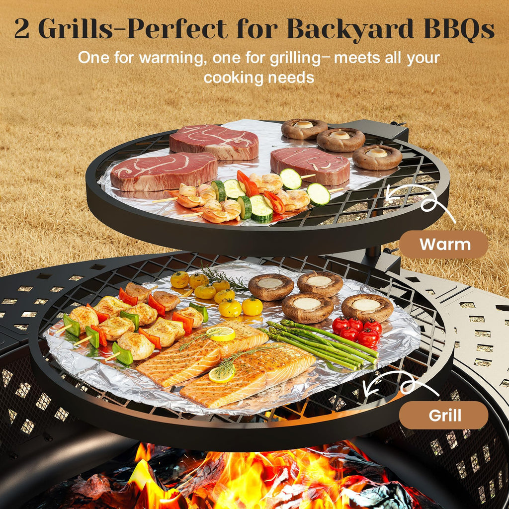 43" Fire Pit, Firepit with Adjustable 2 Grills & Lid & Fire Poker