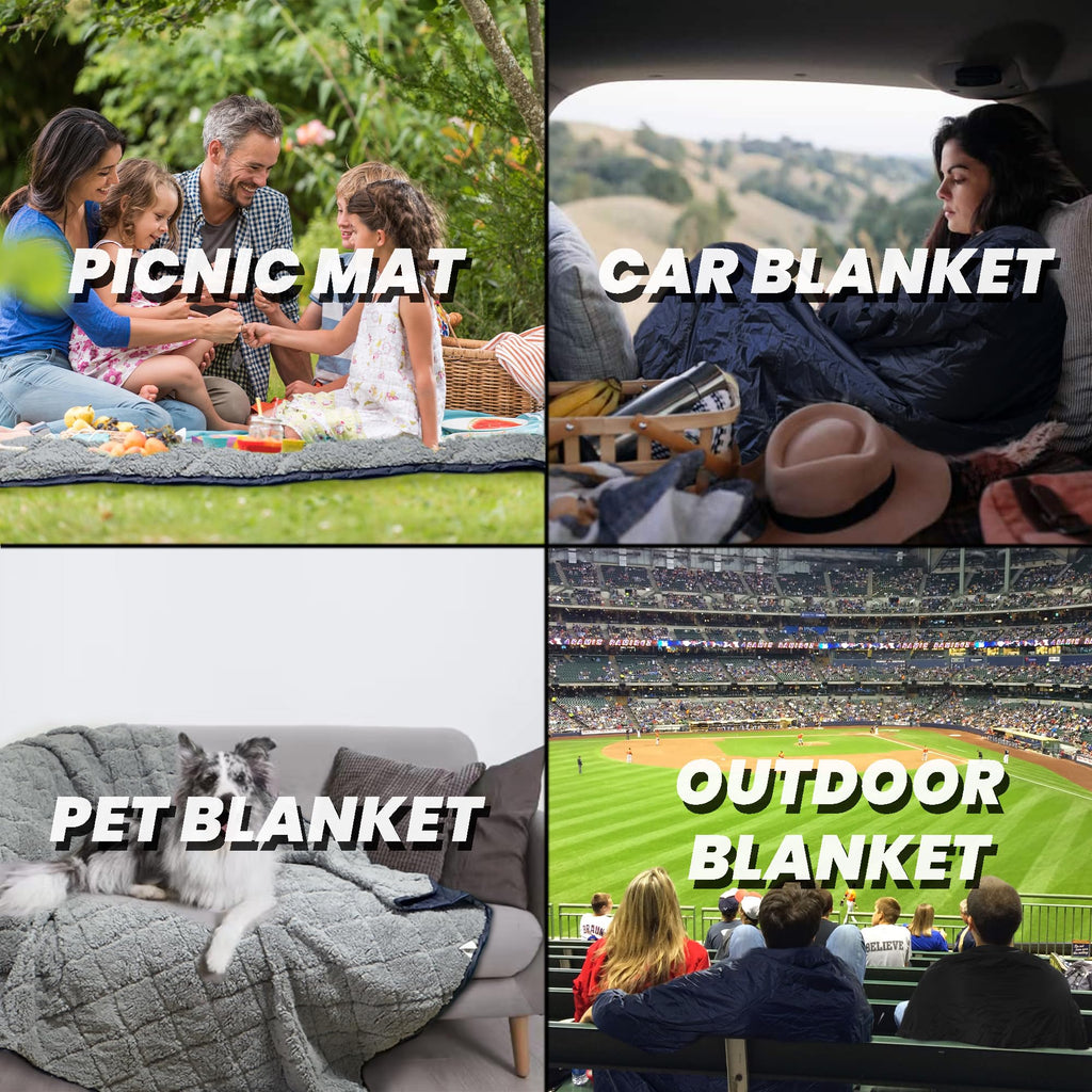 Waterproof Outdoor Blanket 82"x55" Large Sherpa Fleece Navy