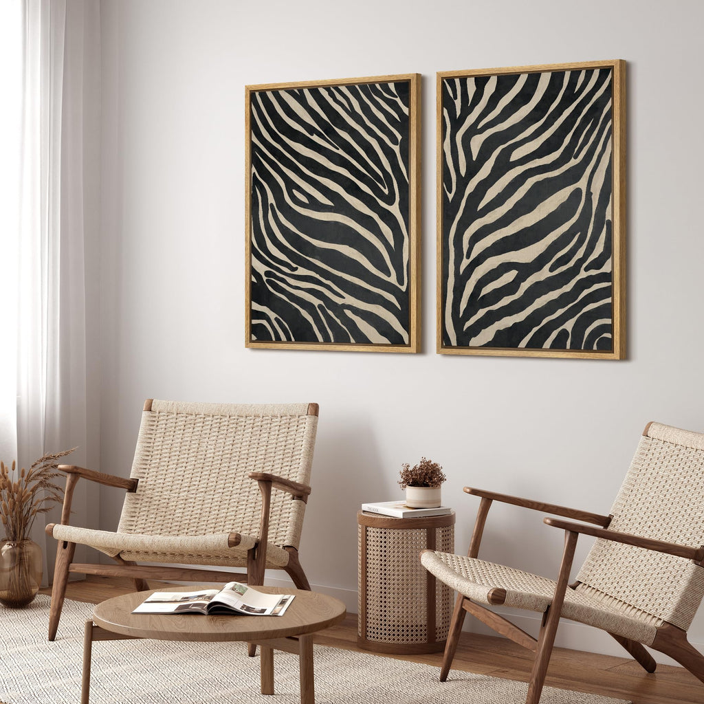 Framed Canvas Print Wall Art Set Abstract Black and Ivory Zebra Pattern Modern Abstract Illustration Modern Art