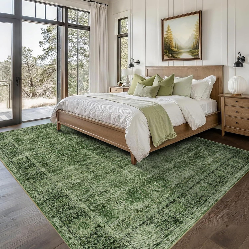 8x10 Washable Area Rug Vintage Green Rug