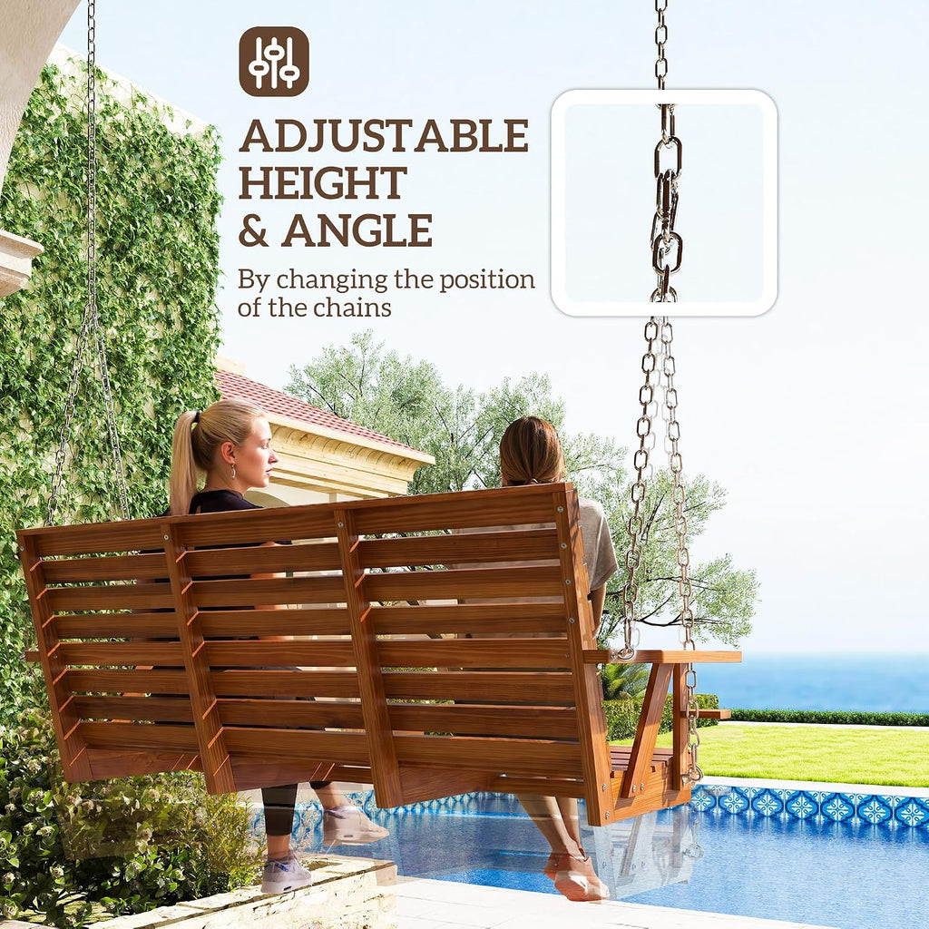 Upgraded Wooden Porch Swing 3-Seater, 5 FT Outdoor Patio Swing Bench with Cupholders, Hanging Chains, Swing Chair