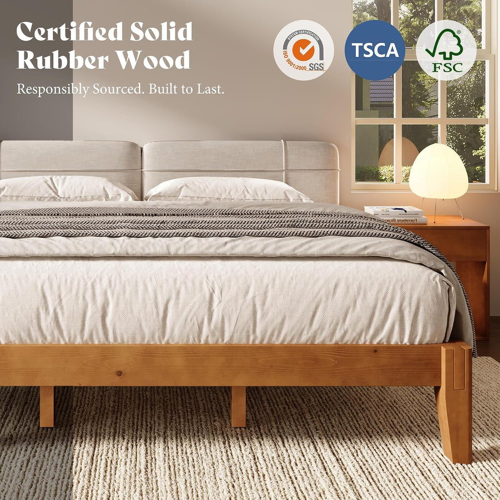 Solid Wood Bed Frame, Tool-Free, Japanese Joinery, Brown