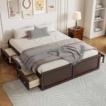 Wood Platform Bed Frame, with 6 Drawers, Floor Wooden Bed Frame Without Headboard, Storage Bed Frame Wood