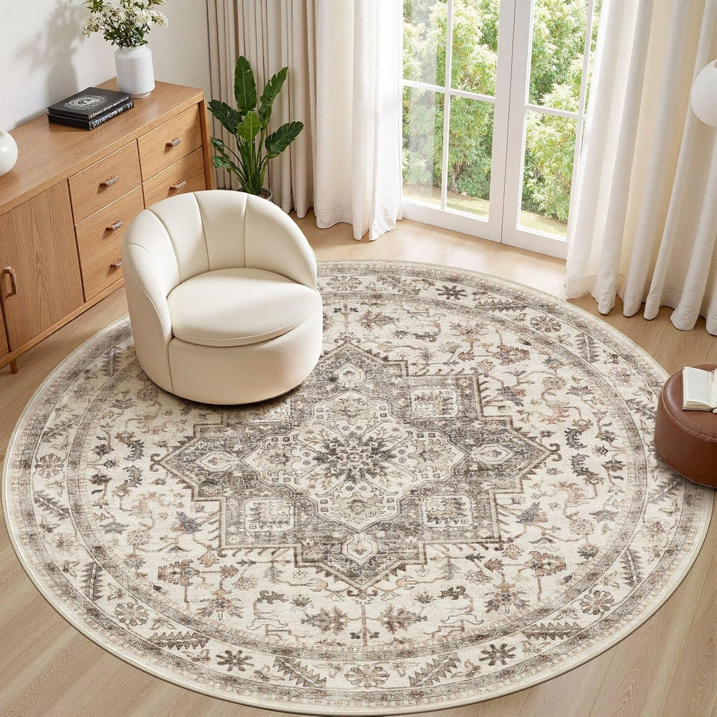 8ft Round Vintage Living Room Area Rug - 8x8 Large Soft Washable Oriental Traditional Distressed Far