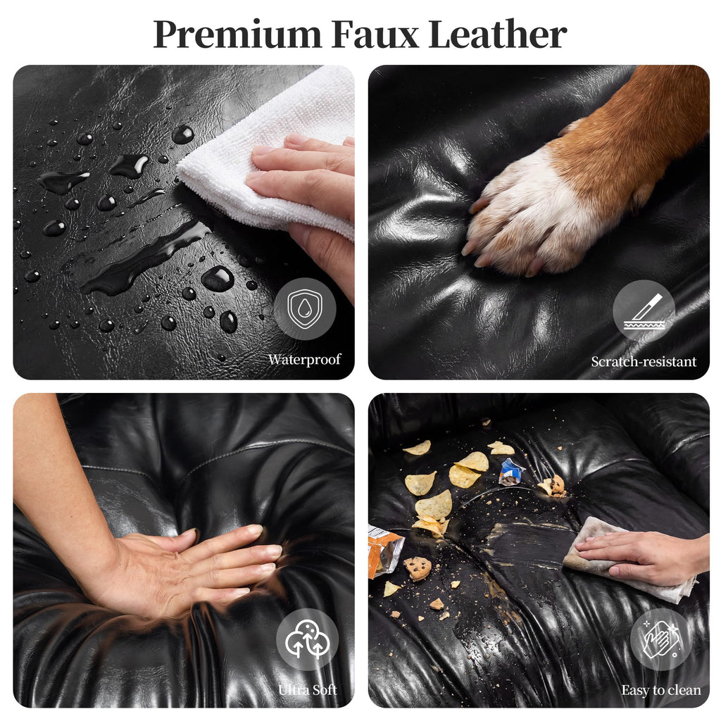 124" Black Leather U Shape Cloud Couch, 3 Seat Modular Sectional Sofa