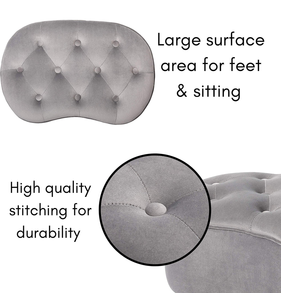 Tufted Oblong Velvet Ottoman - Mid Century Modern Upholstered Foot Rest with Steel Legs - Soft Padded Foot Stool