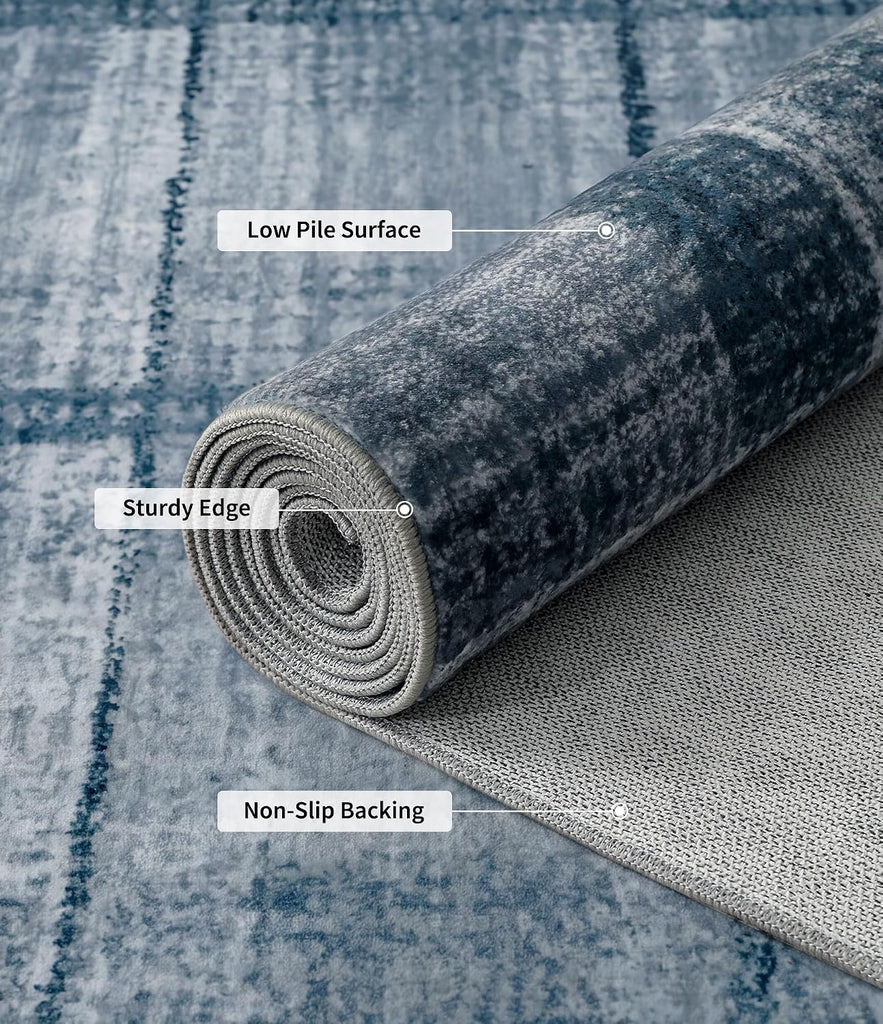 Blue Grey Distressed Plaid Area Rug