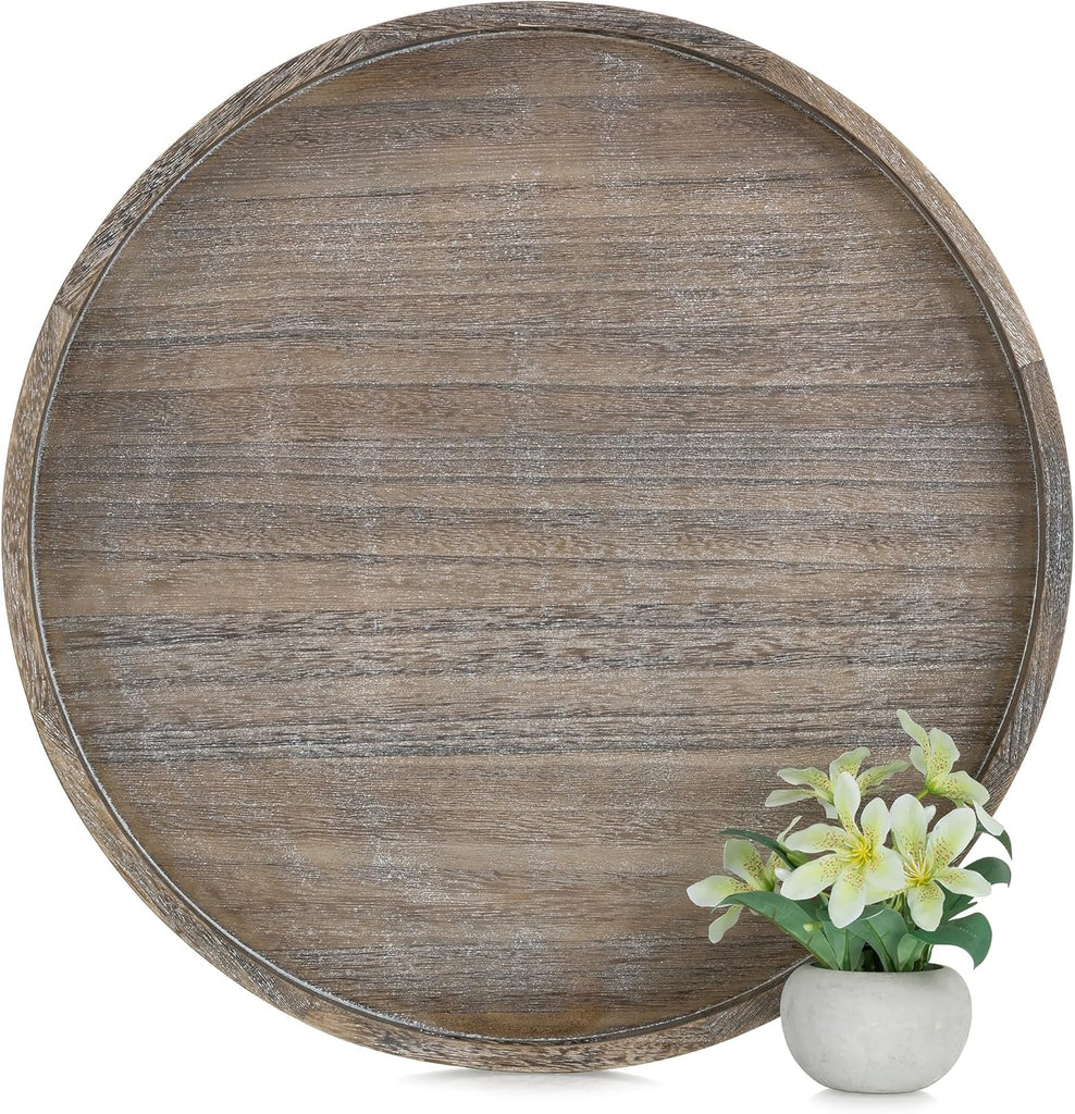 Wood Decorative Ottoman Tray with Handles, Round | 22" Large Coffee Table Tray Farmhouse Rustic Round Topper Decor