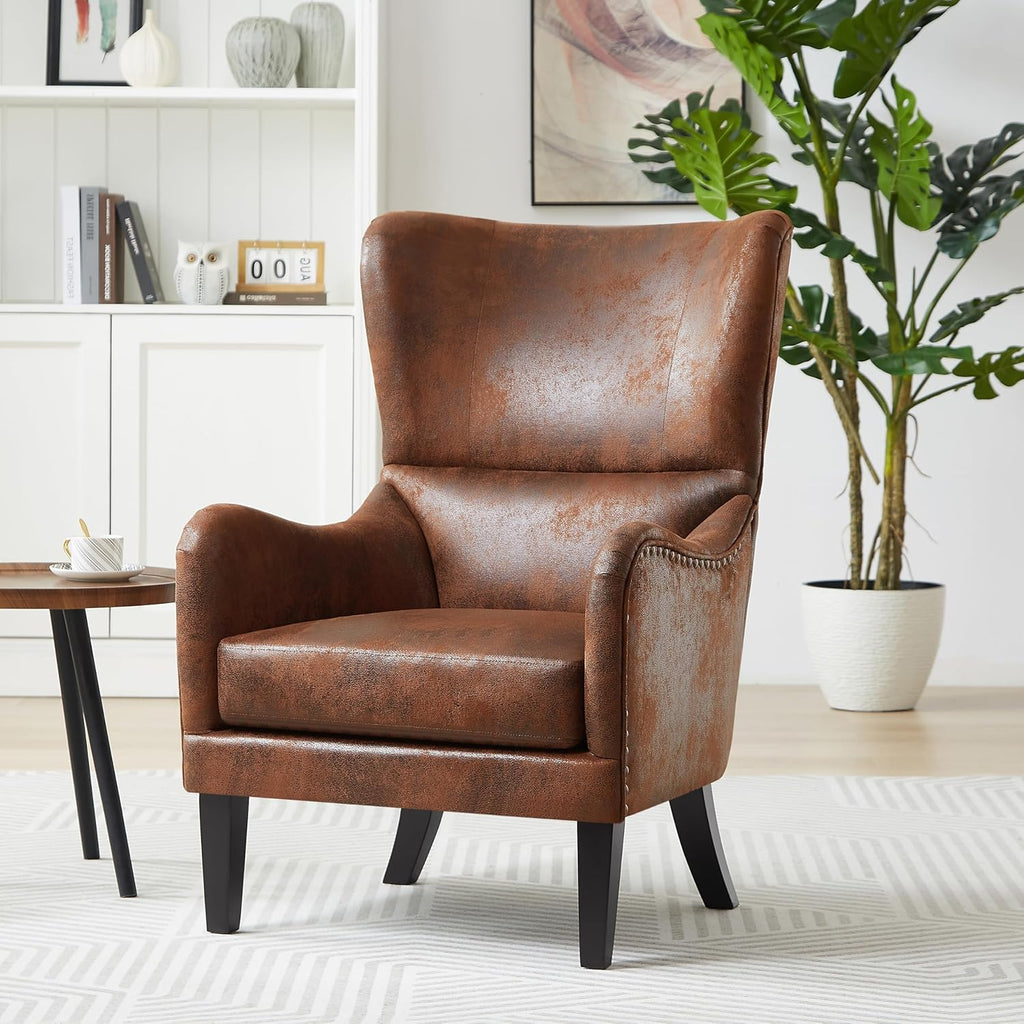 Elber Mid-Century Modern Wingback Accent Chair, Faux Suede Upholstered Club Chair with Cushion, Wooden Living Room