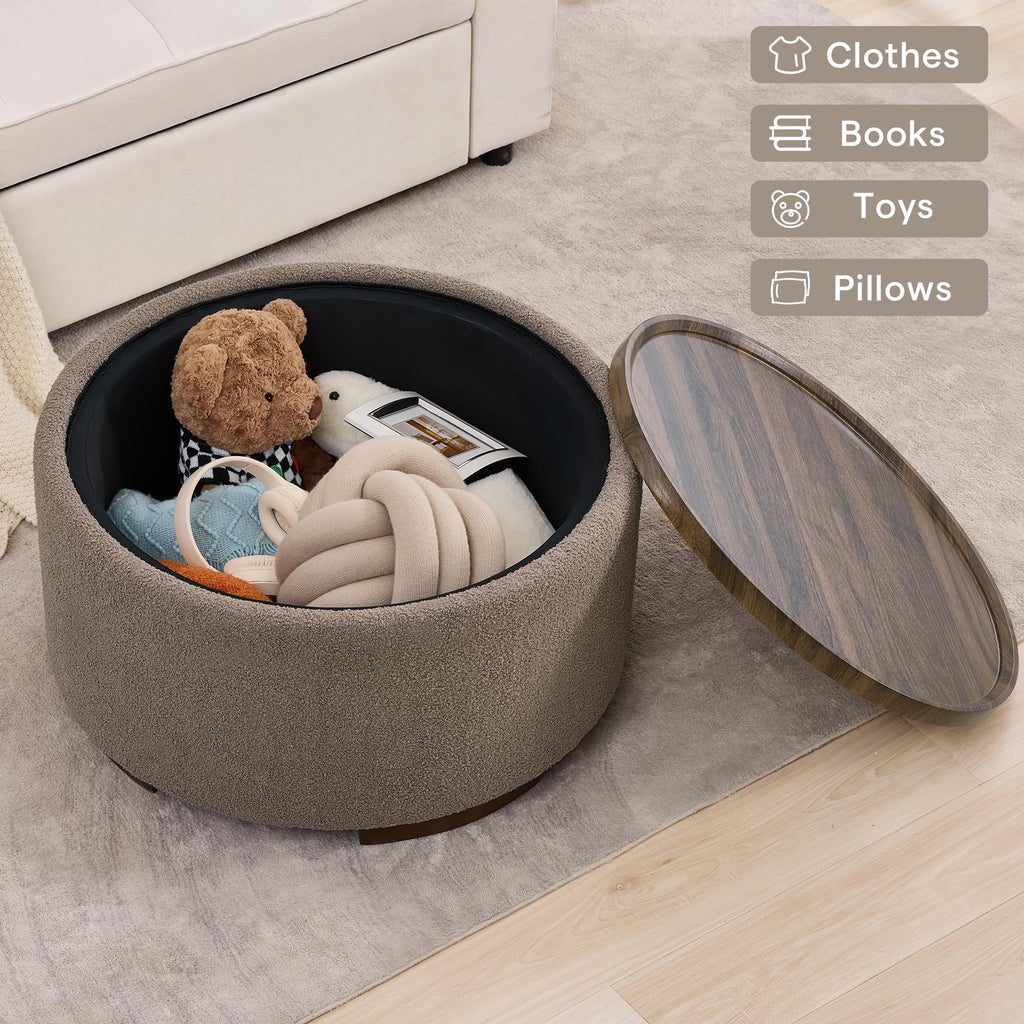 29.5 Inch Round Storage Ottoman Coffee Table, Brown Teddy