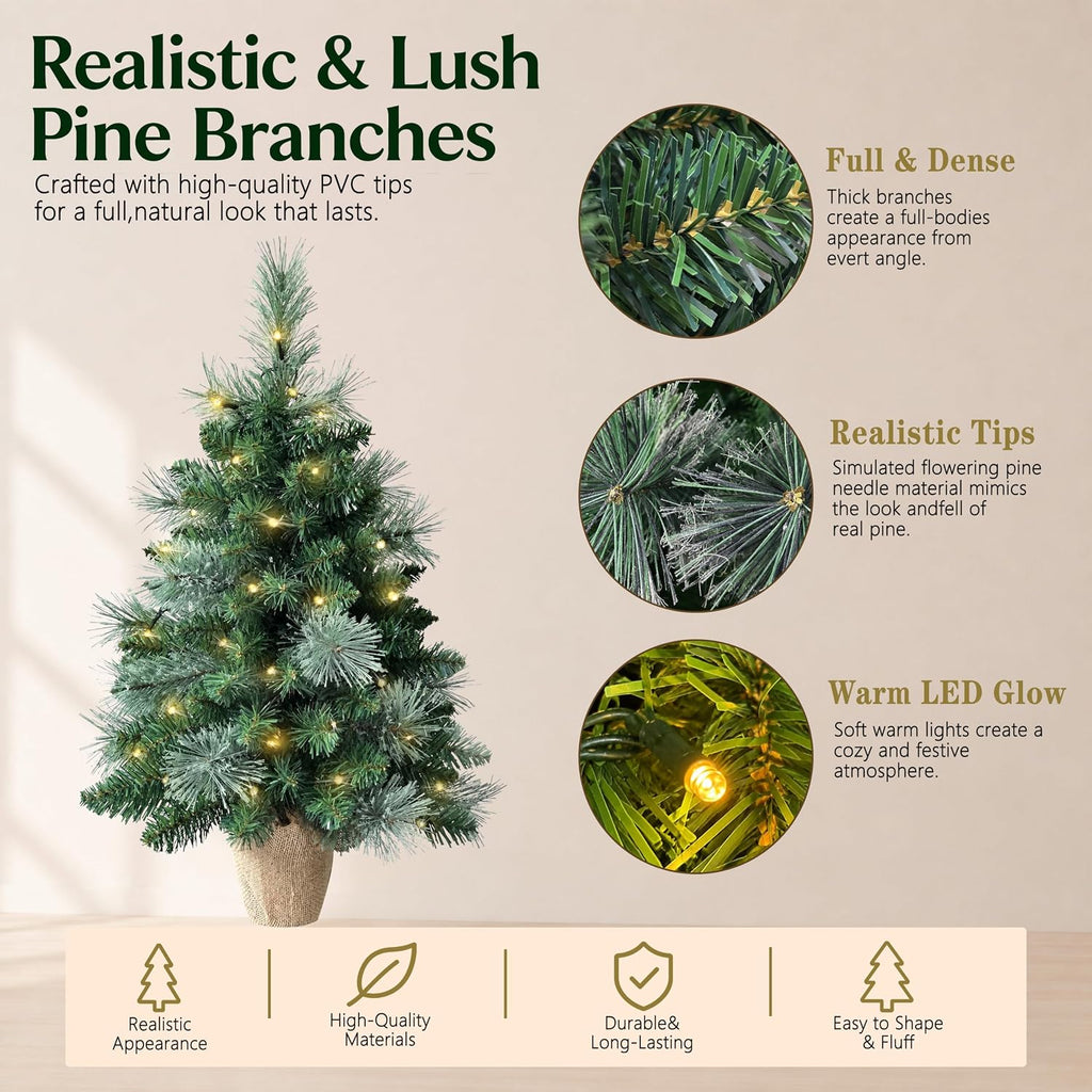2ft Pre-Lit Artificial Mini Christmas Tree, Battery Operated Xmas Tree