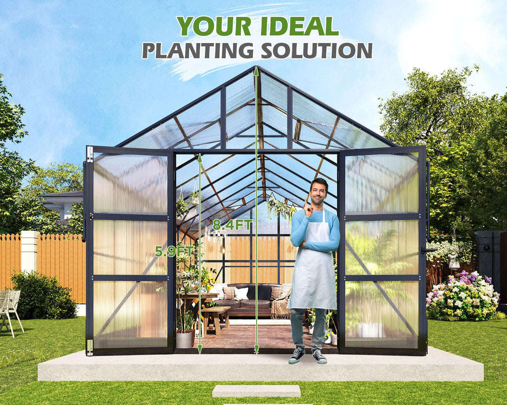 10x12 FT Polycarbonate Greenhouse with 4 Roof Vents