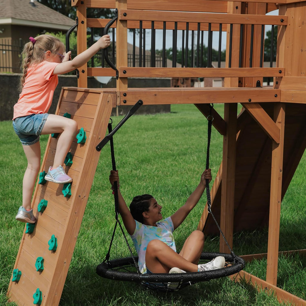Sterling Point Cedar Wood Swing Set with Wave Slide, Raised Clubhouse, Wooden Bridge, Rock Wall, Belt Swings, Web