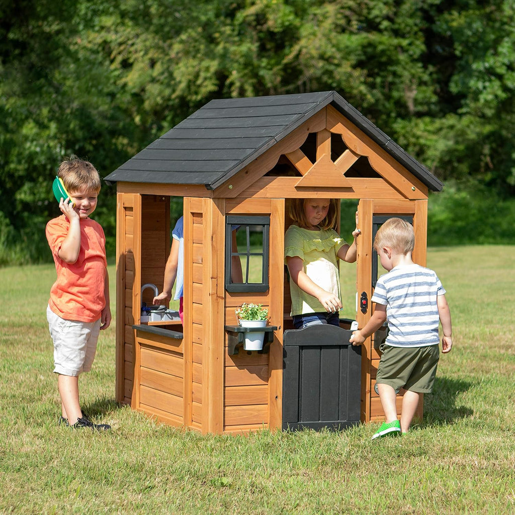 Sweetwater Cedar Wooden Kids Playhouse Cottage with Play Kitchen, Snack Bar, Half Door, Toy Phone, Windows, Flowerpot