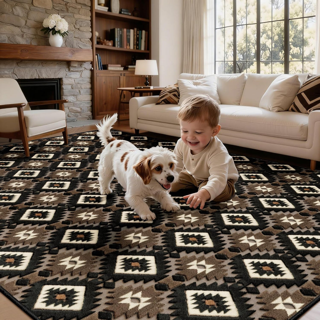Brown Aztec 8x10 Area Rugs High-Low Plush Pile Western Washable Rug