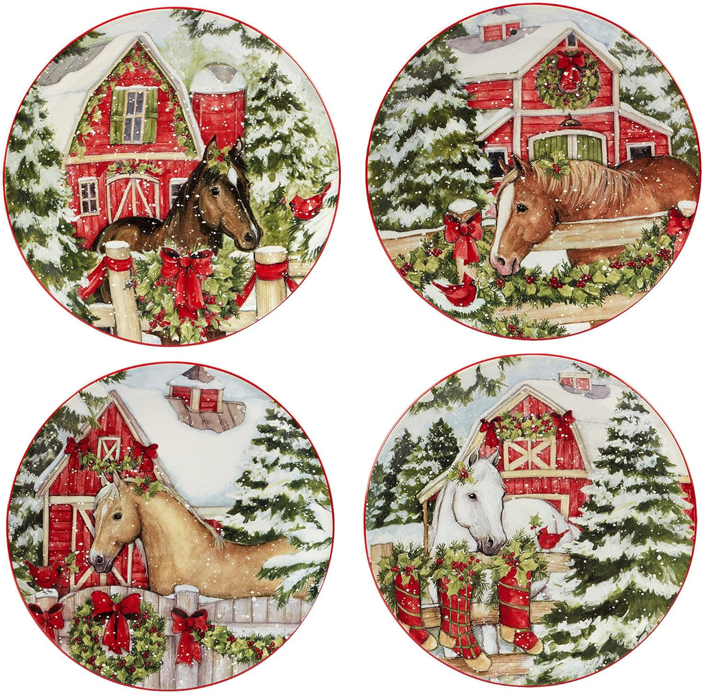 Homestead Christmas Piece Dinnerware Set - Holiday Tableware for 4 with Festive Horse & Barn Scenes - Winter