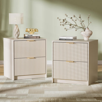 Nightstands Set of 2, Fluted Nightstand with Gold Metal Handles and 2 Drawers, Modern Bedside Table, 19.6" Wide Wood