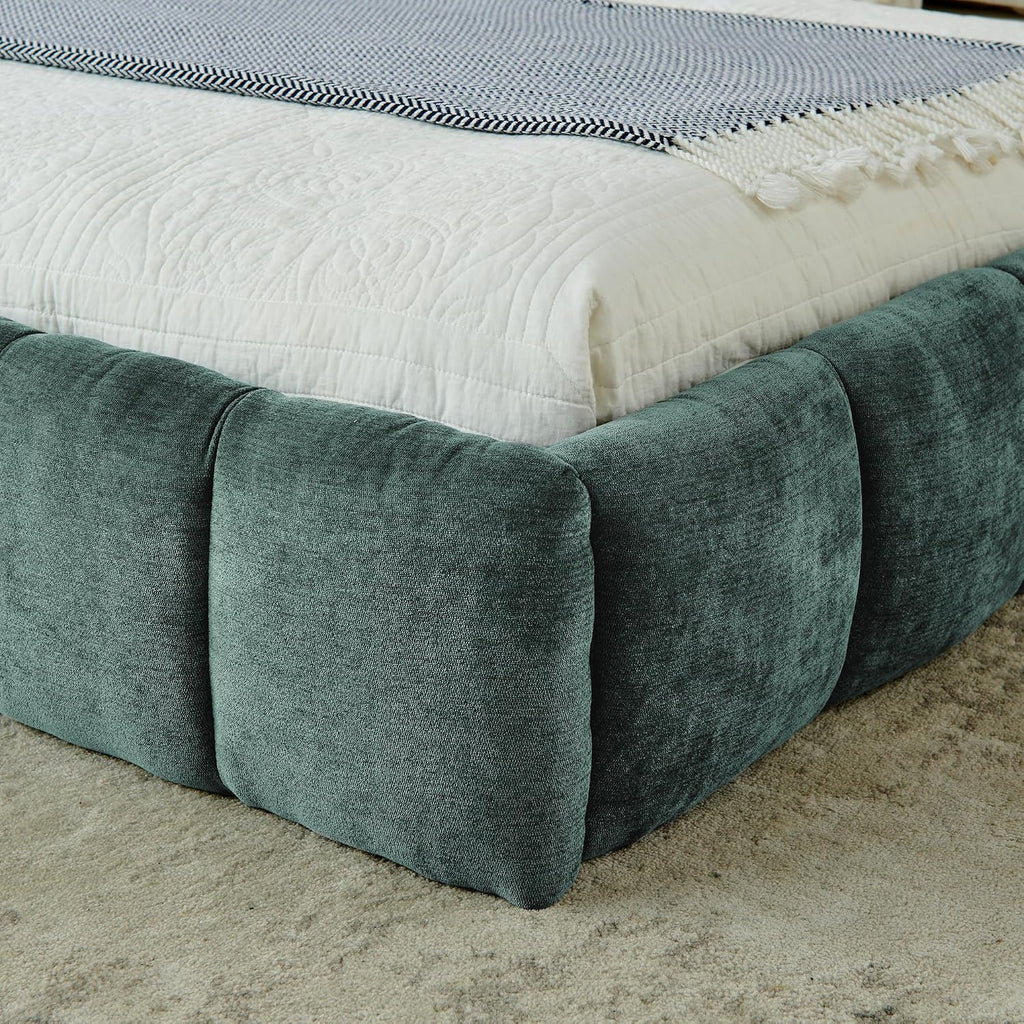 Upholstered Platform Bed Frame with Headboard, Modern Low Profile Grounded Bed Frame, Chunky Fluted Chenille