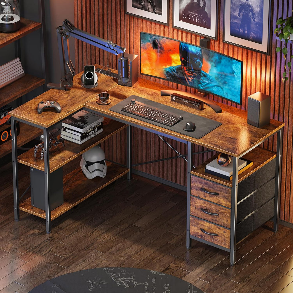 L Shaped Office Desk with Power Outlets, 47 Inch Computer Desk with 3 Drawers, Shelves, for Gaming, Corner Work