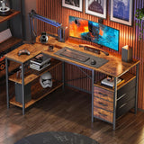 L Shaped Office Desk with Power Outlets, 47 Inch Computer Desk with 3 Drawers, Shelves, for Gaming, Corner Work