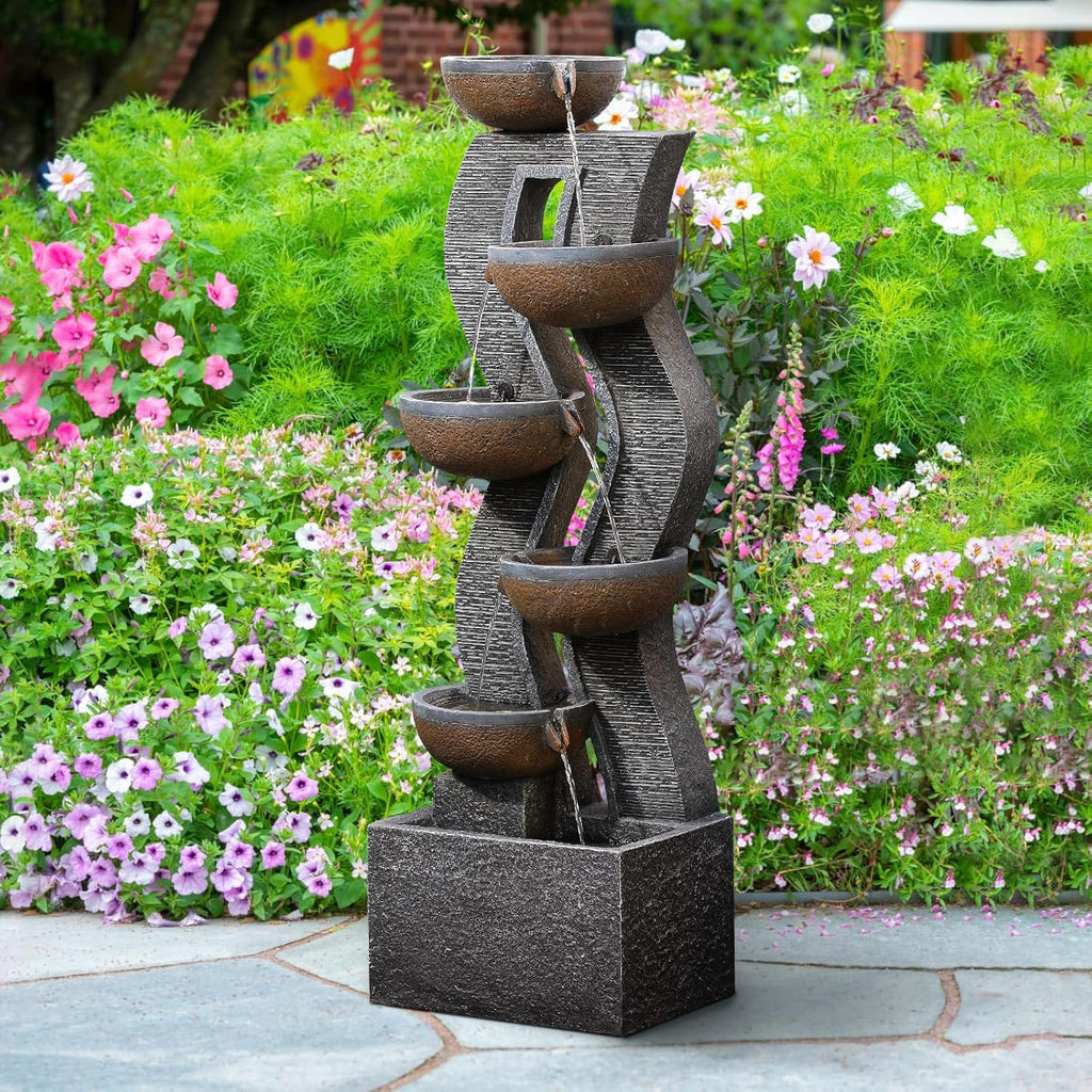 52.8" Tall Outdoor Water Fountain with Lights, 6-Tier Cascading Resin Waterfall Feature
