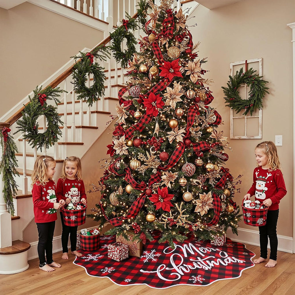 72 Inch Christmas Tree Skirt, Buffalo Plaid Tree Skirt for 7.5 ft Tree to 12ft Tree, Double Sided Burlap Tree Skirt