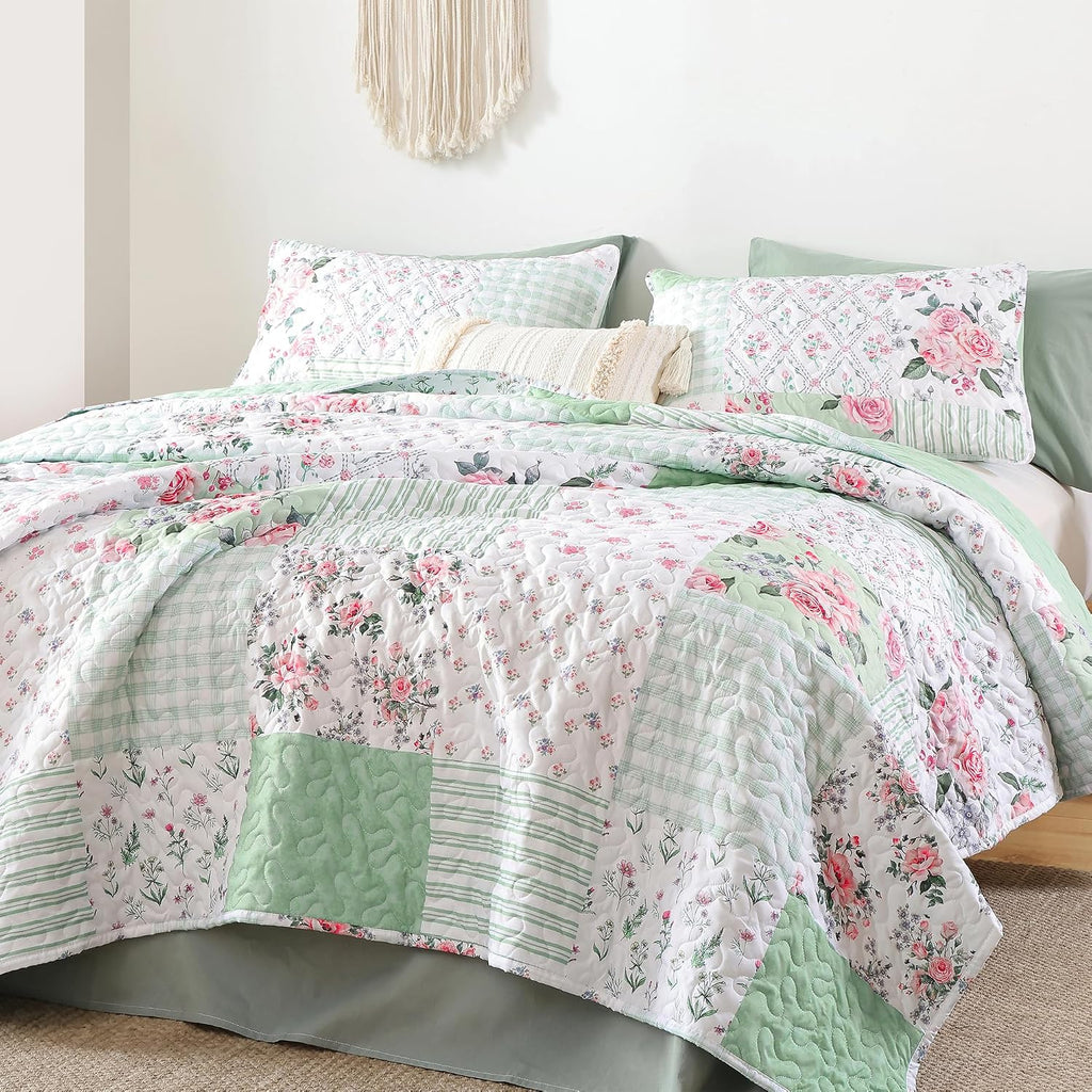 Floral Quilt Set Queen - Ultra Soft Lightweight Bedspread, 3 Piece Green Bedding Set (90"x90") with Pillowcases