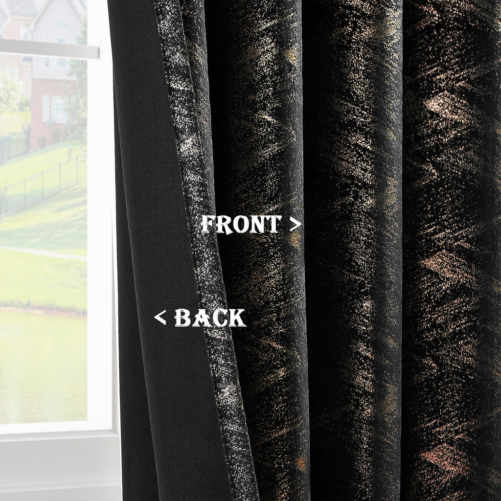 Black and Gold Velvet Curtains Foil Print 84 Inch