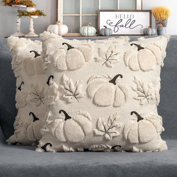 Fall Pumpkins Leaves Decorative Pillow Covers 18"x18", Beige Soft Plush Faux Fur Throw Cushion Cases - Set of 2