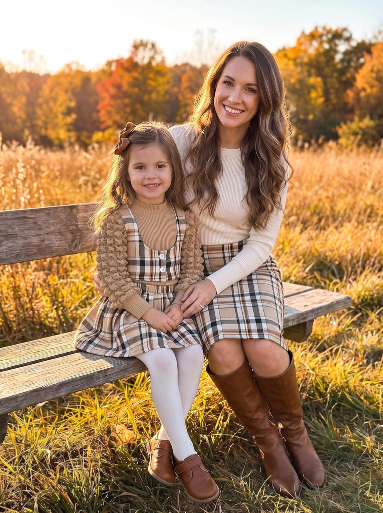 Toddler Girls Fall Winter Outfits Girls Puff Sleeve Knit Ribbed Tops Button Down Vest Plaid Skirt Set Fall Clothes