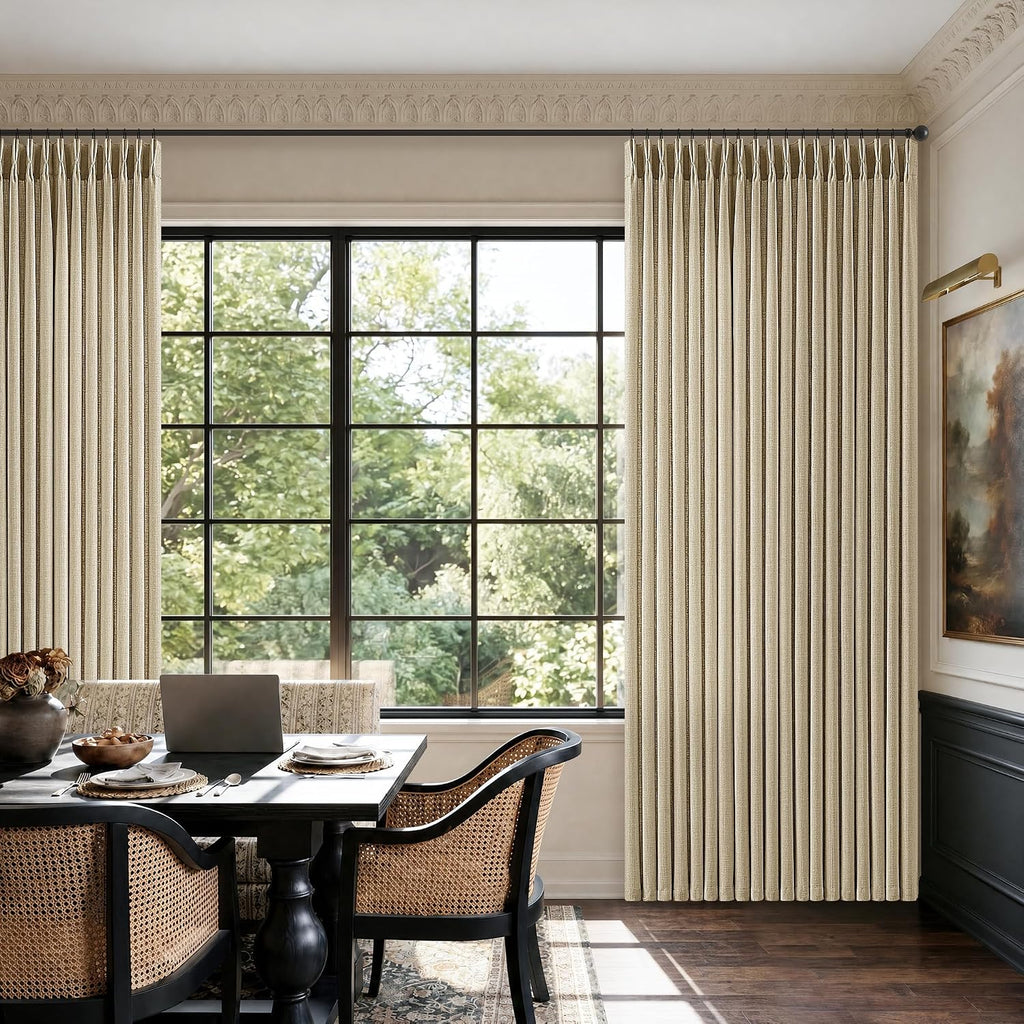 96 Inch Pinch Pleated Linen Oatmeal Curtains Sand Beige Cottage Light Filter Sheer Burlap Textured Pinch Pleat Drapes