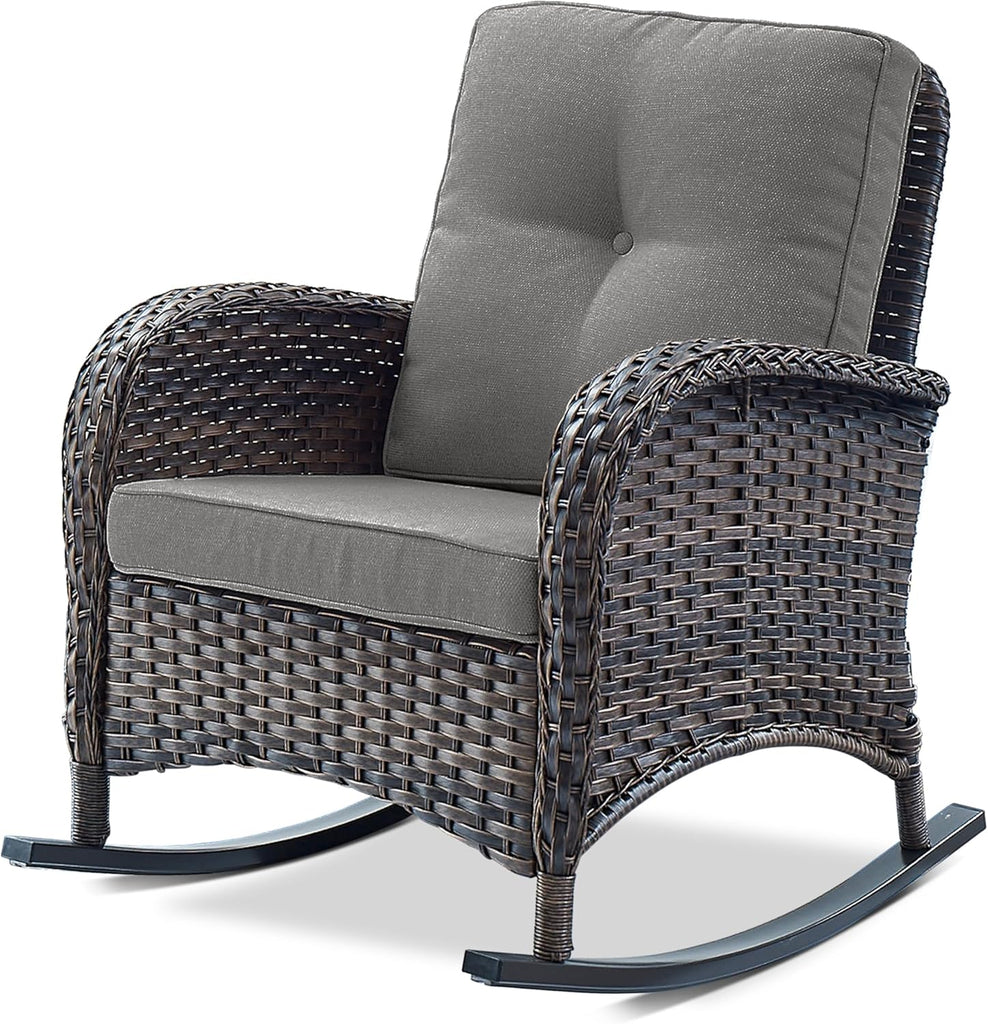 Patio Rocking Chair Wicker Chair, 1 Piece Outdoor Rocking Chair Seating with Cushions for Porch Deck Balcony