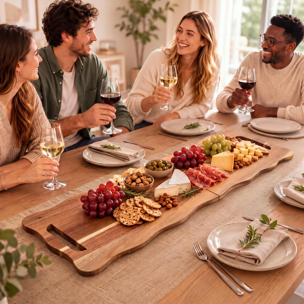 Scolloped Large Charcuterie Board 33 x 12 In Foldable Acacia Tray