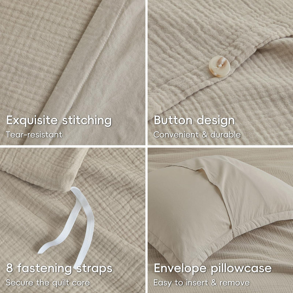 100% Cotton Muslin Duvet Cover 3-Layer, 90"x90", Taupe