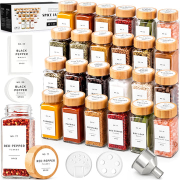 Glass Spice Jars with Label, 24x Bamboo Wooden Lids - White Labels