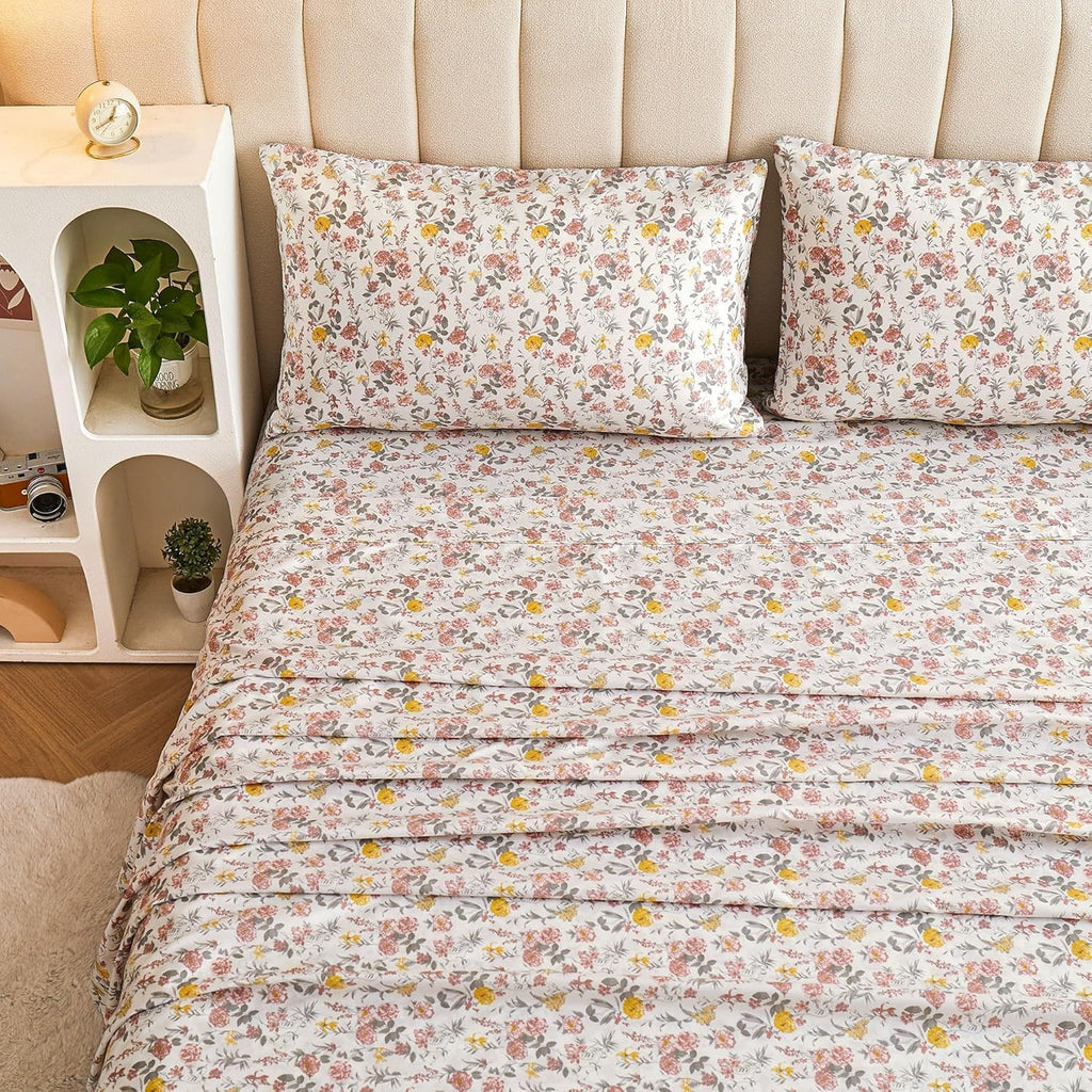 Floral King Sheet Set - 4 Piece Vintage Pink & Yellow Flower Patterned Bed Sheets - Soft, Breathable Microfiber