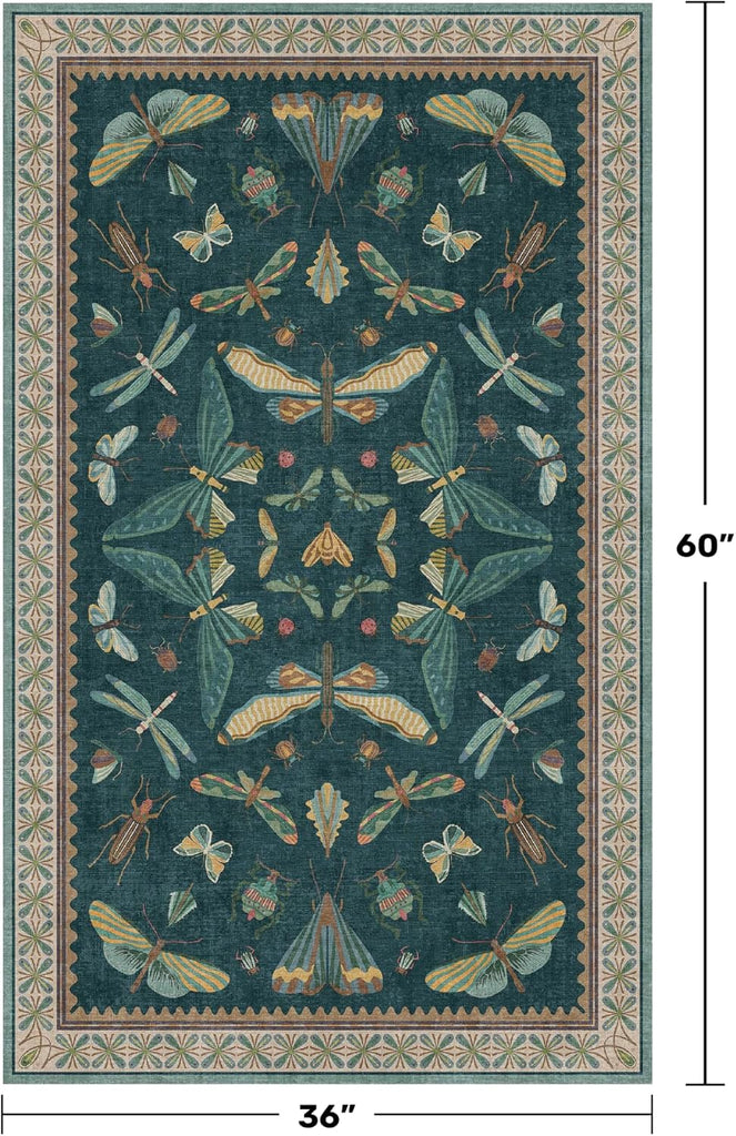 Teal 3x5 Entryway Rug - Door Rug Indoor for Large Kitchen, Living Room, Washable Low Pile Insect Déc